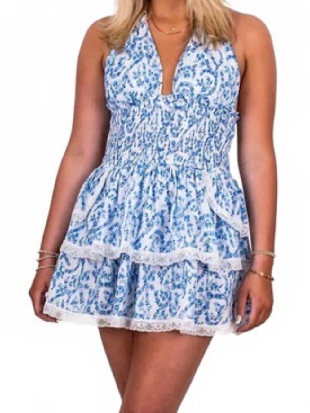 Boutique bought Olivaceous Blue & White Toile Floral Tiered Halter Mini Dress -